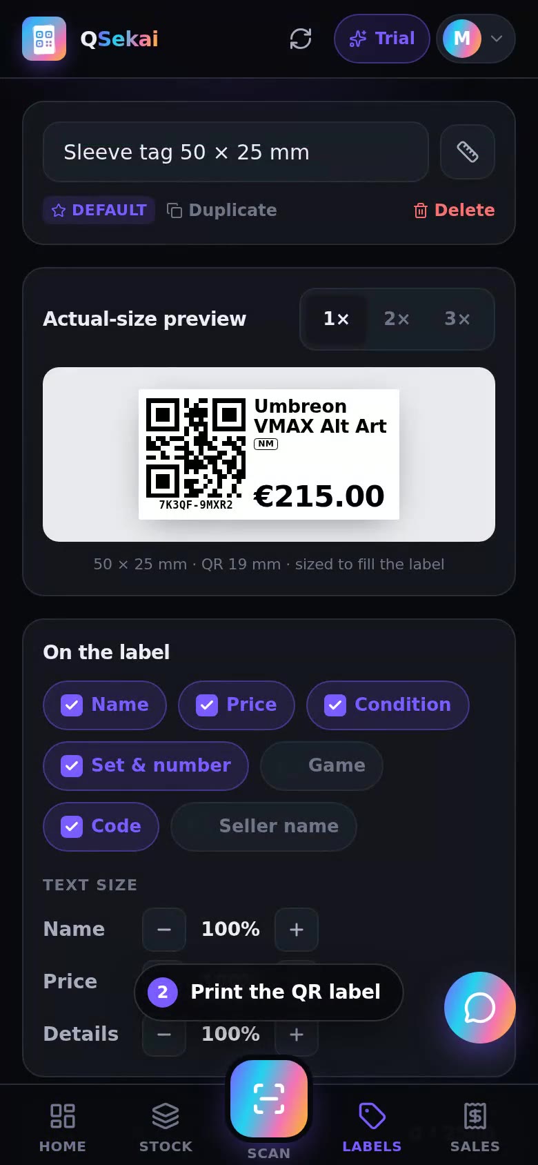 QSekai on a phone, showing a card in stock with its price and QR label